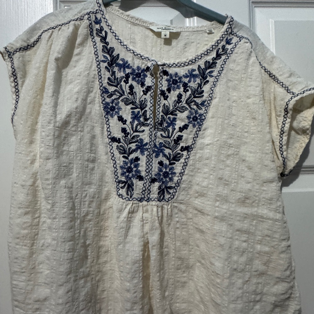 Max Studio Cream Blouse with Blue Embroidery
